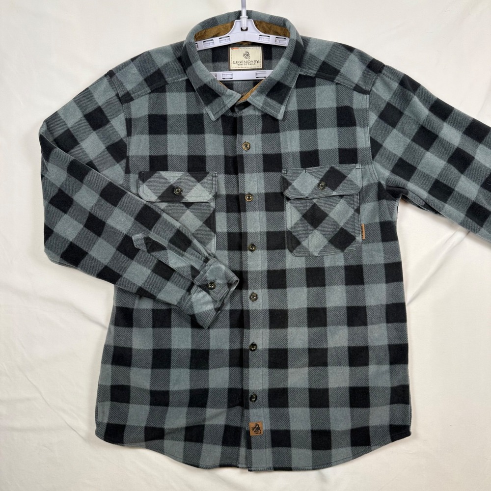 Legendary Whitetails Mens Gray Black Buffalo Plaid Fleece Flannel Shirt Large
